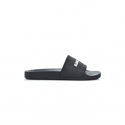 BALENCIAGA PVC LOGO MENS POOL SLIDE SANDALS BLACK 